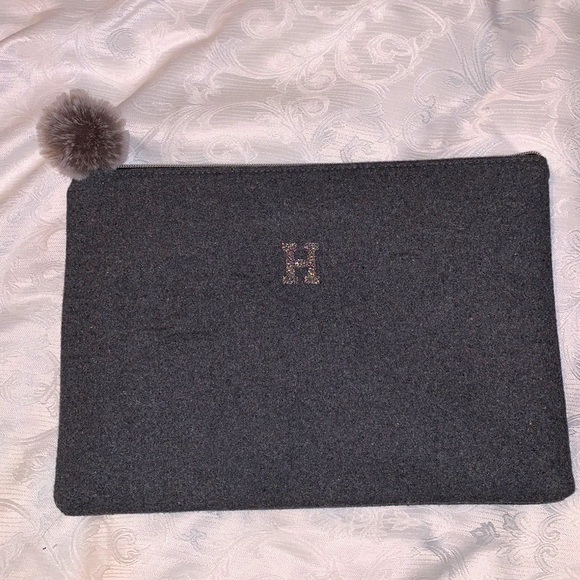Handbags - Gray bag with the Letter H, has Pom Pom on zipper